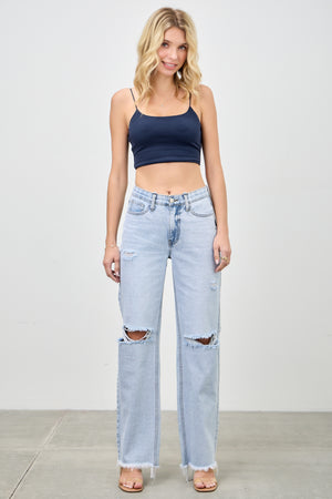 P83318L, PLUS MID RISE RELAXED WITH KNEE DESTROY