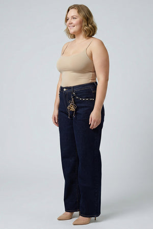 P83618D, PLUS HIGH RISE LOOSE WIDE LEG with SIGNATURE FRONT POCKET CHAIN