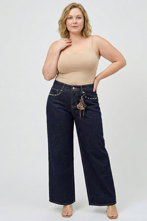 P83618D, PLUS HIGH RISE LOOSE WIDE LEG with SIGNATURE FRONT POCKET CHAIN