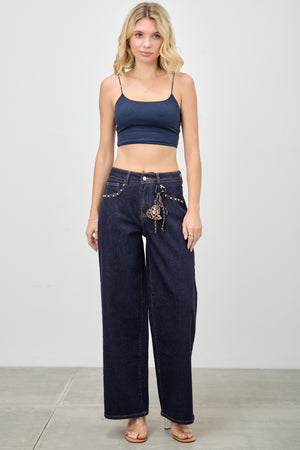 P8361D, HIGH RISE LOOSE WIDE LEG with SIGNATURE FRONT POCKET CHAIN