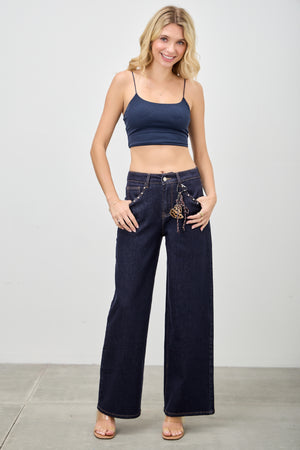 P8361D, HIGH RISE LOOSE WIDE LEG with SIGNATURE FRONT POCKET CHAIN