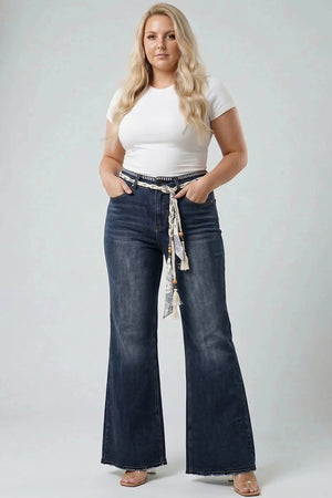P83658GY, PLUS HIGH RISE WIDE FLARE WITH BELT