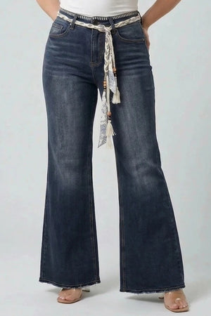 P83658GY, PLUS HIGH RISE WIDE FLARE WITH BELT