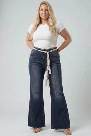 P83658GY, PLUS HIGH RISE WIDE FLARE WITH BELT