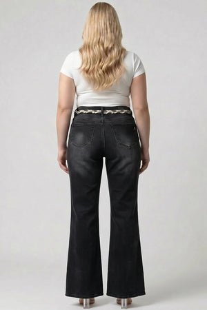 P83658GY, PLUS HIGH RISE WIDE FLARE WITH BELT
