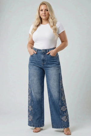 P83728MD, PLUS HIGH RISE WIDE LEG WITH LASER PRINT