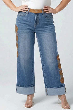 P83768D, PLUS MID RISE WIDE LEG WITH SUEDE CONTRAST