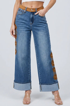 P8376D, MID RISE WIDE LEG WITH SUEDE CONTRAST