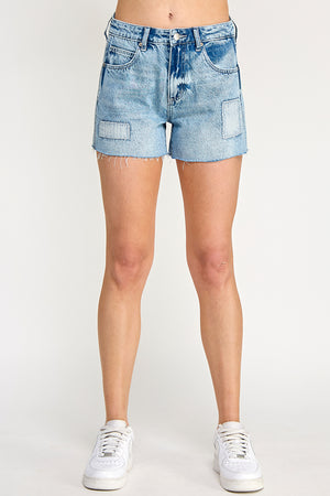 S8029M, HIGH RISE STRIPED AND PEACE PATCH SHORTS