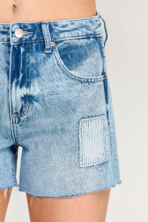 S8029M, HIGH RISE STRIPED AND PEACE PATCH SHORTS