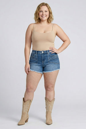 S80378M, PLUS HIGH RISE WESTERN PATCHED POCKET WITH FRAYED HEM