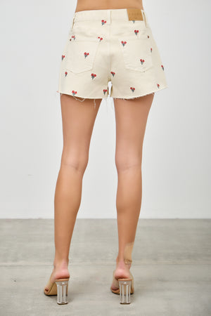 S8157, HIGH RISE FRAYED HEM SHORT WITH EMBROIDERY