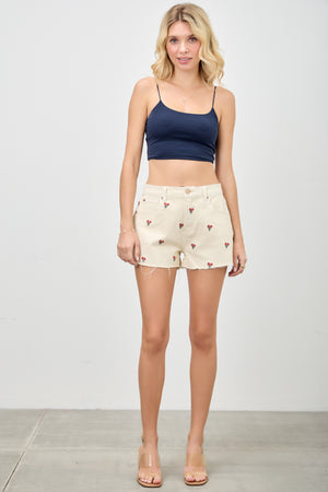 S8157, HIGH RISE FRAYED HEM SHORT WITH EMBROIDERY