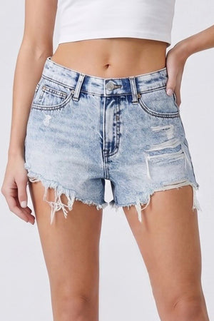 S8159L, HIGH RISE FRAYED SHORT WITH PATCH