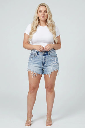 S81598L, PLUS HIGH RISE FRAYED SHORT WITH PATCH
