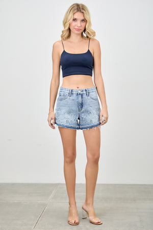 S81688ML, PLUS HIGH RISE EMBROIDERED SHORT WITH RELEASED HEM 