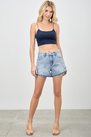 S81688ML, PLUS HIGH RISE EMBROIDERED SHORT WITH RELEASED HEM 